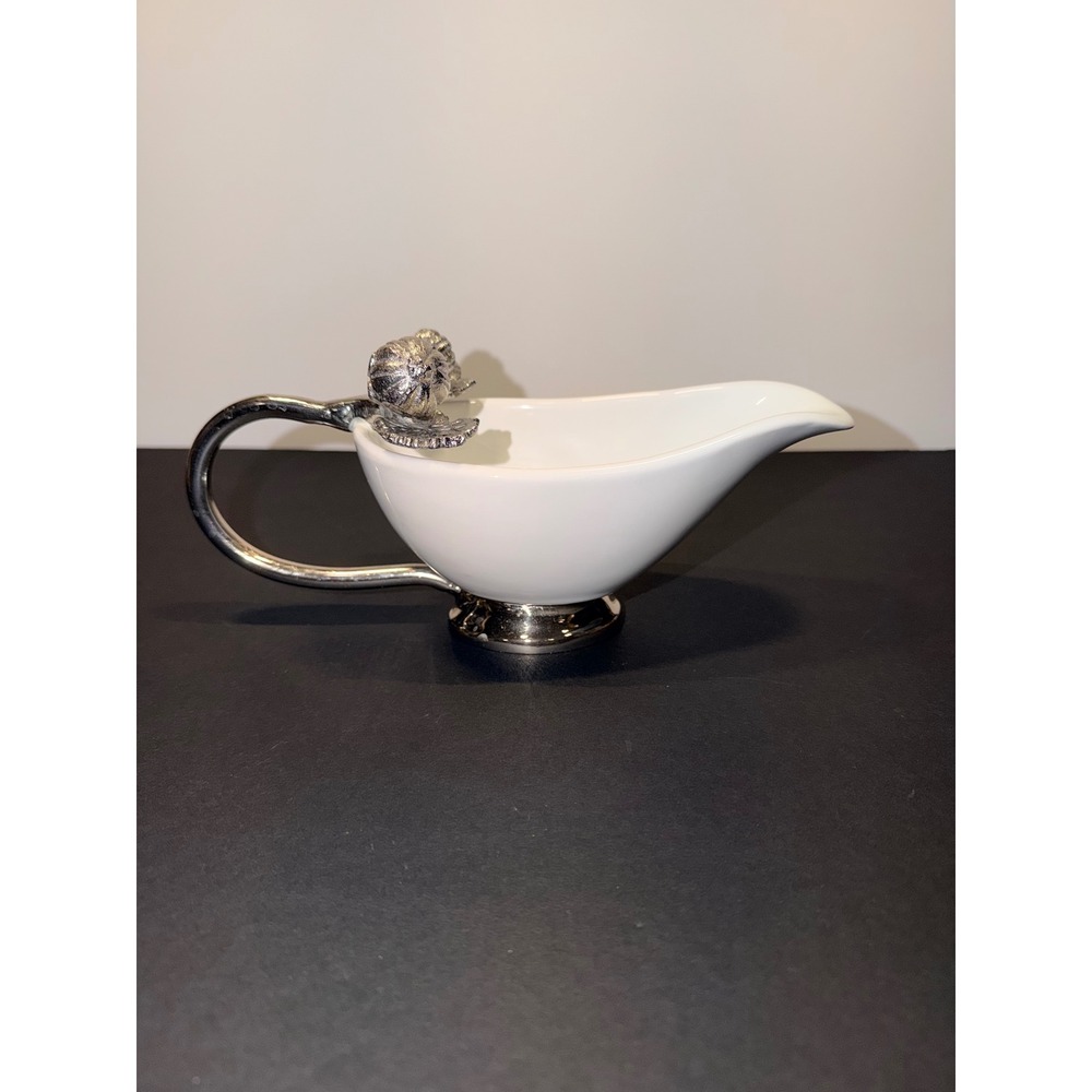 Williams Sonoma White Porcelain Pumpkin Handle Silver Footed Gravy Sauce Boat